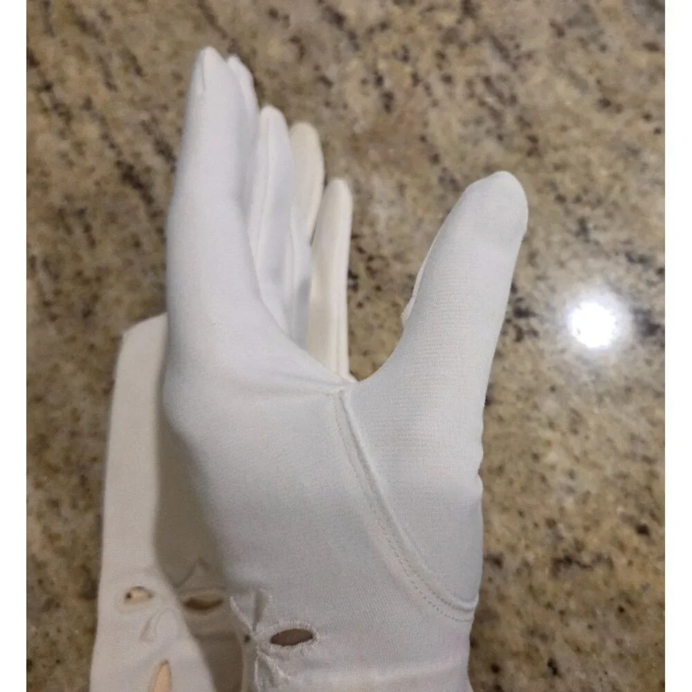 New! Vintage Women's Size S White Nylon Formal Short Gloves Bow Cutout